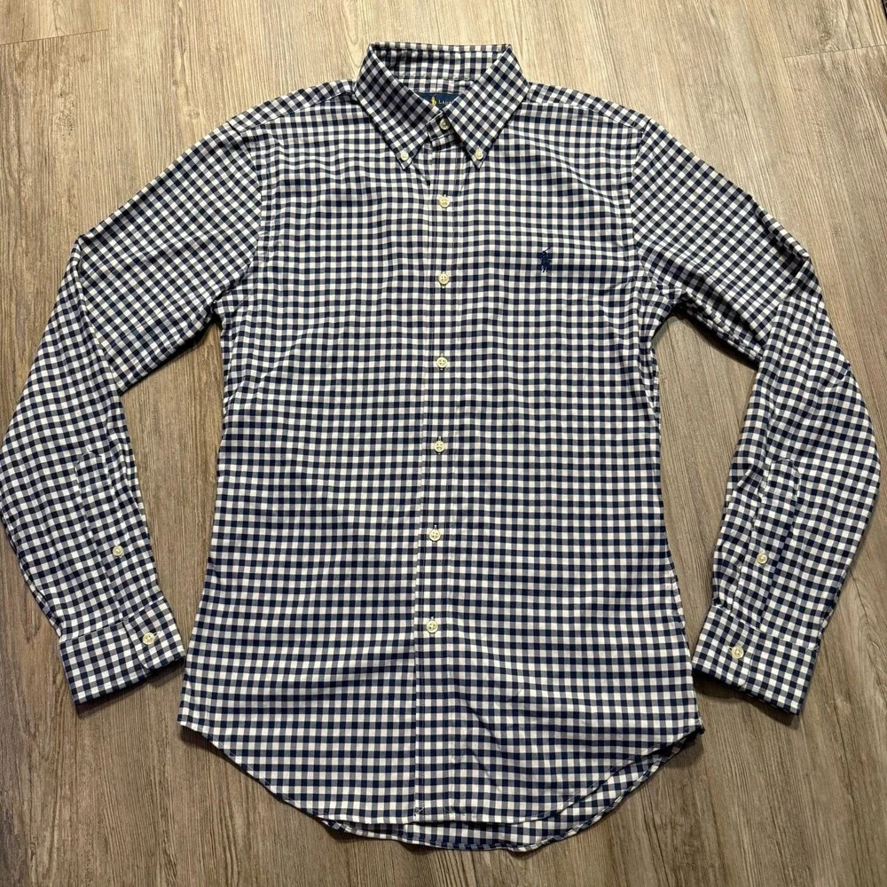 Polo Ralph Lauren Mens Small Gingham Blue Slim Fit Performance Button Shirt